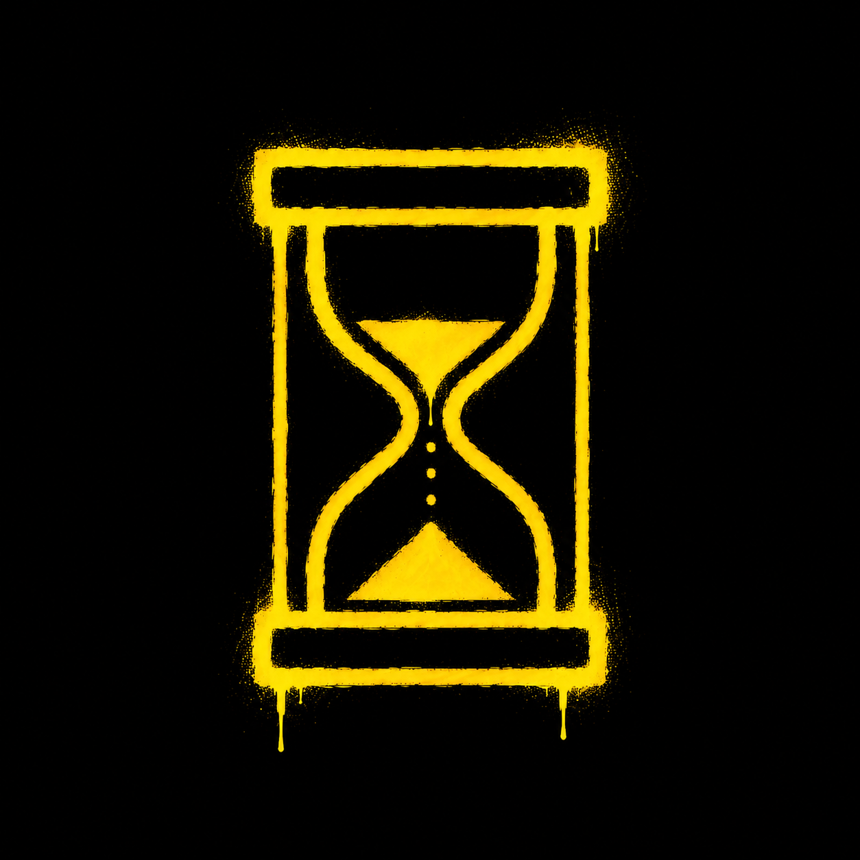 Yellow spray-painted hourglass icon on black background for Barbarian Shop limited drops collection
