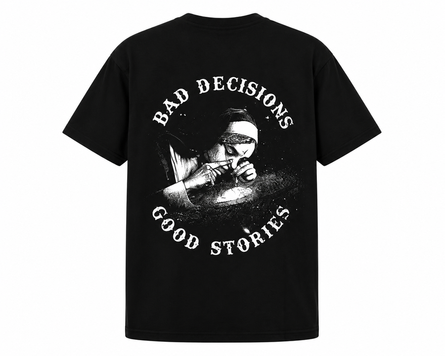 Bad Decisions T-Shirt black back view with Bad Decisions Good Stories graphic print