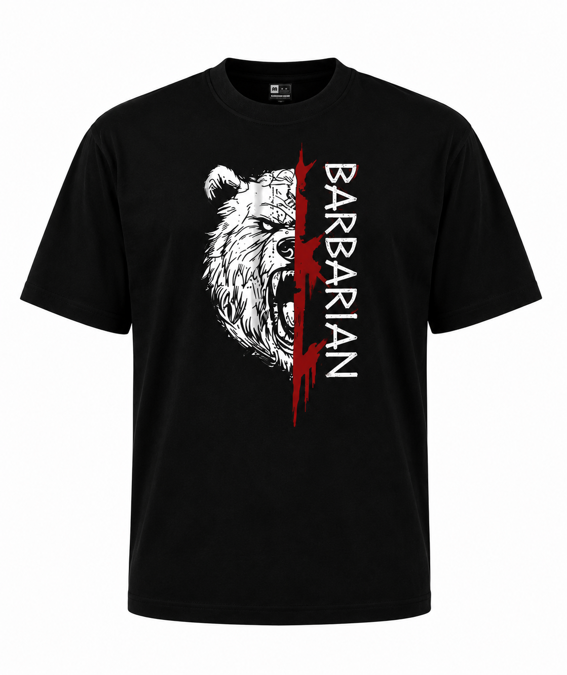 Barbarian Bear T-Shirt black front view with white bear graphic and red slash design