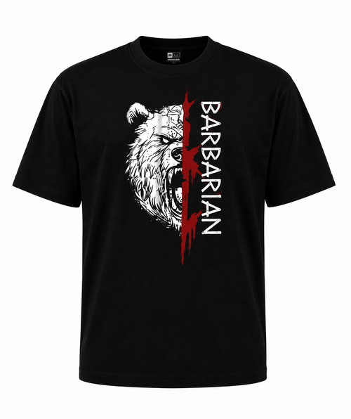 Barbarian Bear T-Shirt black front view with white bear graphic and red slash design