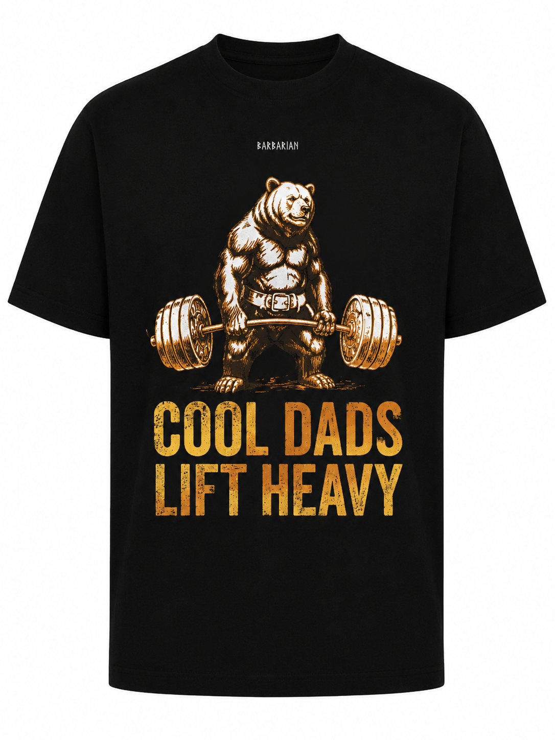 Cool Dads Lift Heavy T-Shirt black front view with bear lifting weights graphic print