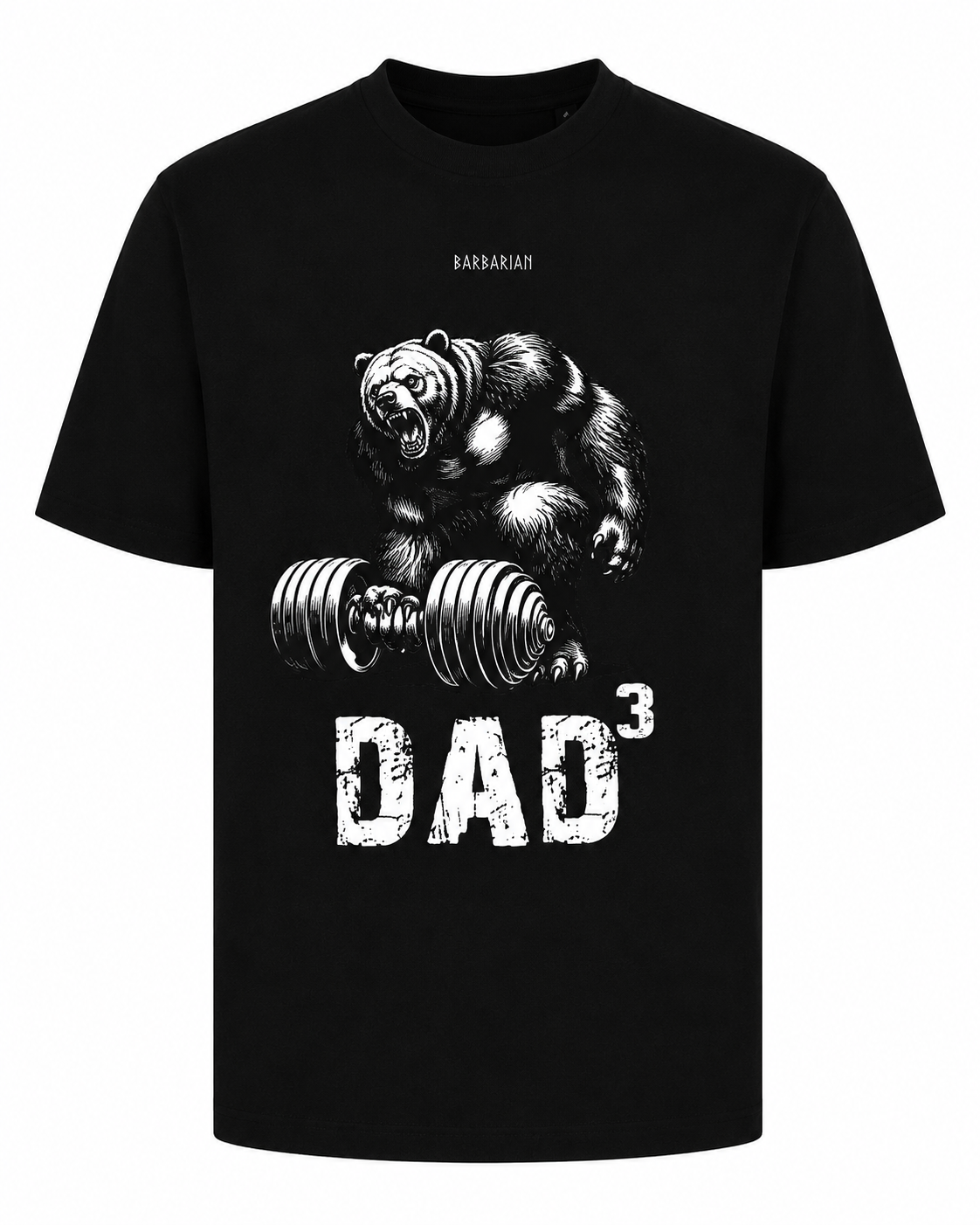 DAD³ Bear T-Shirt black front view with bear lifting weights graphic print
