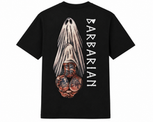 Barbarian Ghost T-Shirt black back view with ghost graphic and vertical Barbarian print