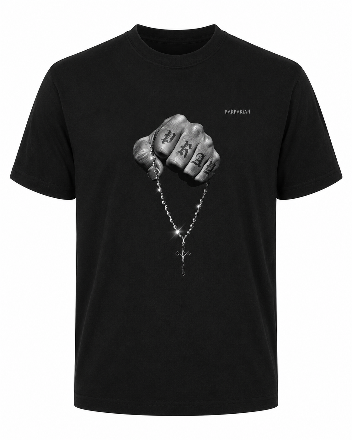 Pray Fist T-Shirt black front view with grayscale fist graphic and PRAY knuckle design