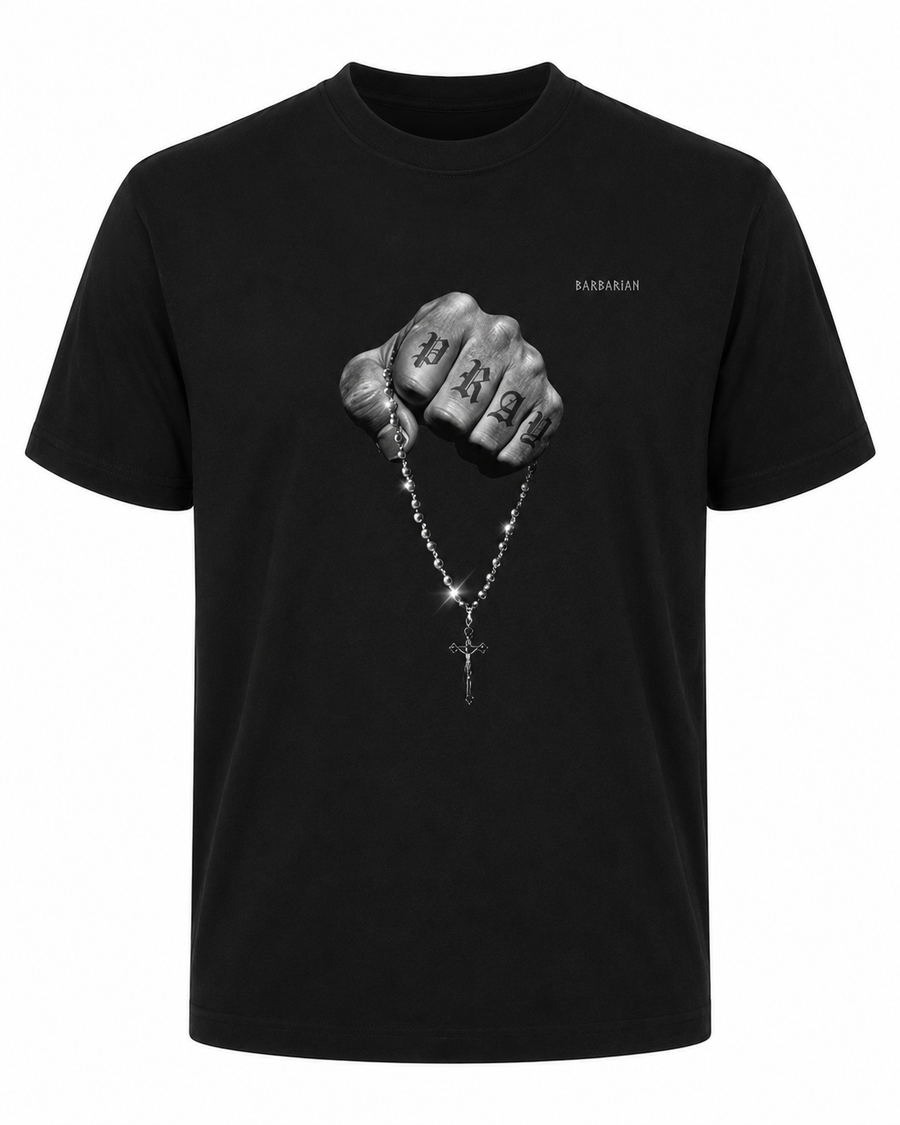 Pray Fist T-Shirt black front view with grayscale fist graphic and PRAY knuckle design