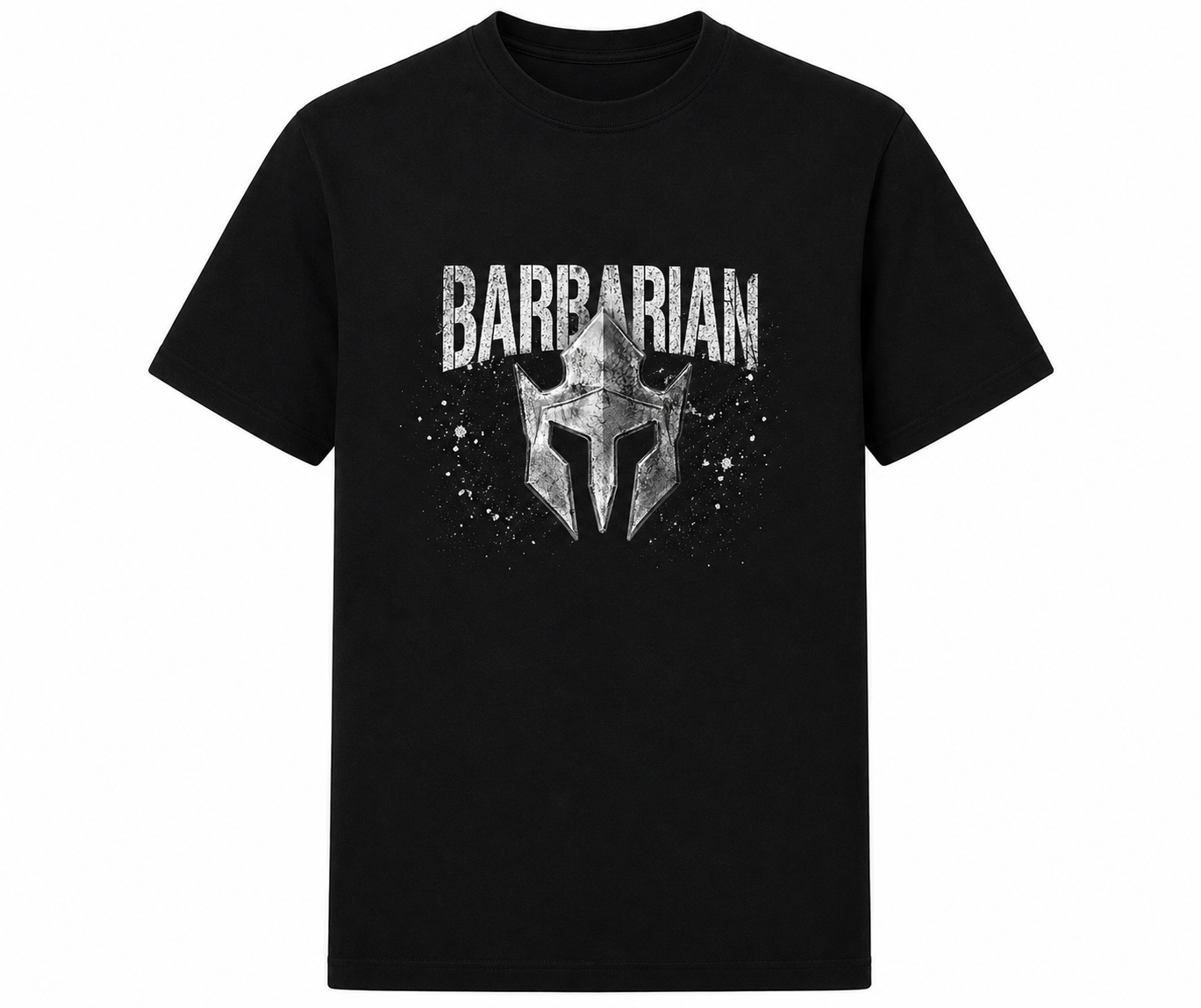 Barbarian Helmet T-Shirt black front view with metallic helmet graphic and Barbarian logo print