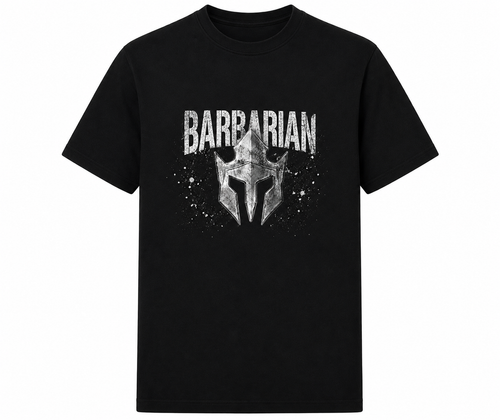 Barbarian Helmet T-Shirt black front view with metallic helmet graphic and Barbarian logo print