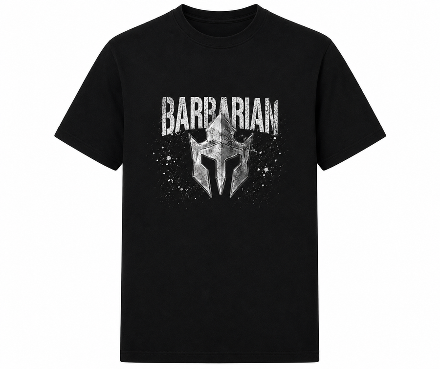 Barbarian Helmet T-Shirt black front view with metallic helmet graphic and Barbarian logo print