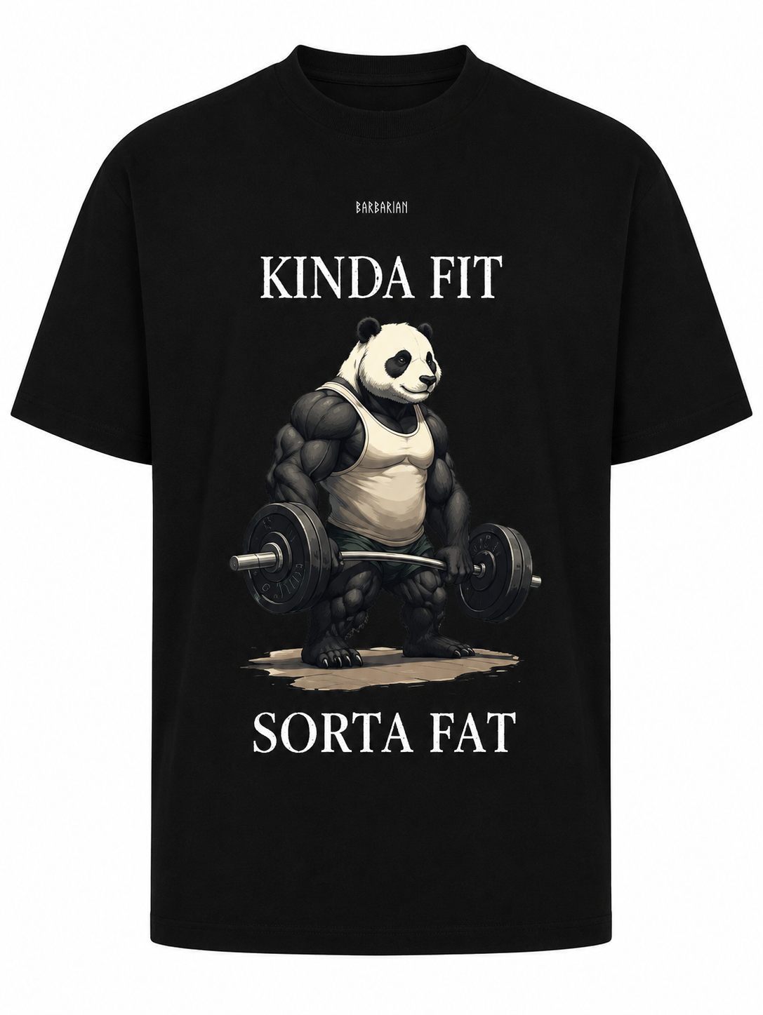 Kinda Fit Sorta Fat T-Shirt black front view with panda lifting weights graphic print