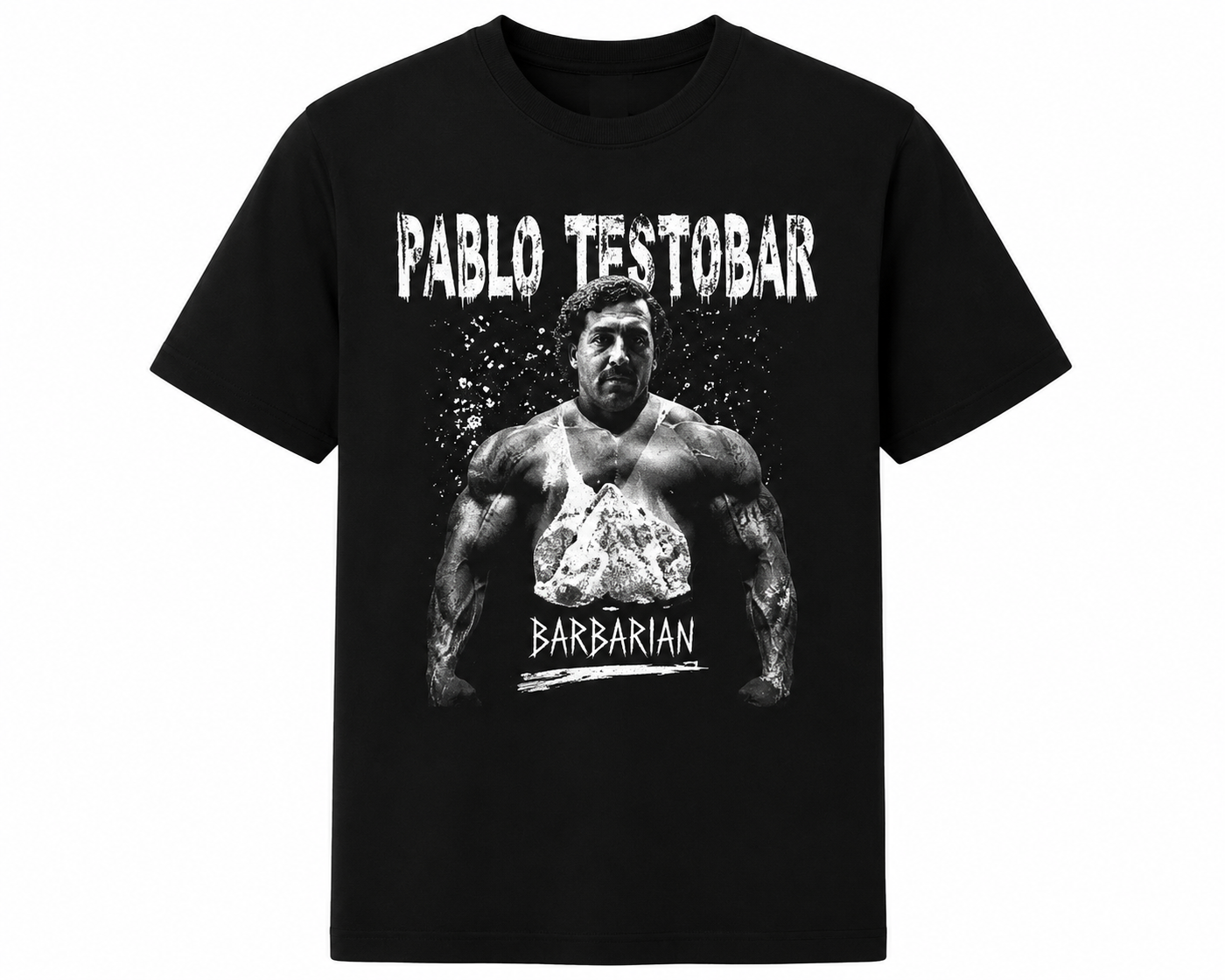 Pablo Testobar T-Shirt black front view with muscular gym graphic and Barbarian print