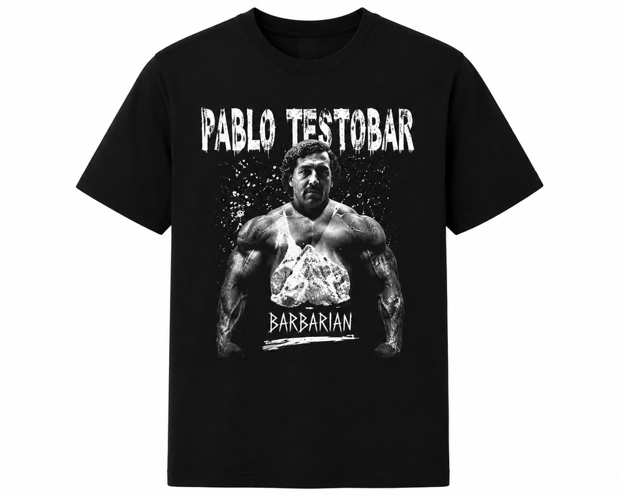 Pablo Testobar T-Shirt black front view with muscular gym graphic and Barbarian print