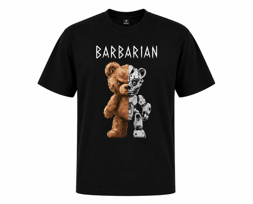 Barbarian Robot Bear T-Shirt black front view with half teddy bear and half robot graphic print