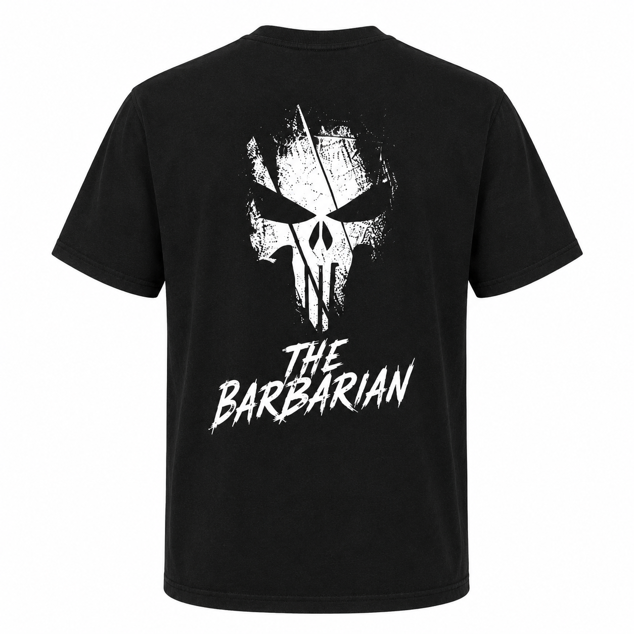 The Barbarian Skull T-Shirt black back view with white skull graphic and The Barbarian text
