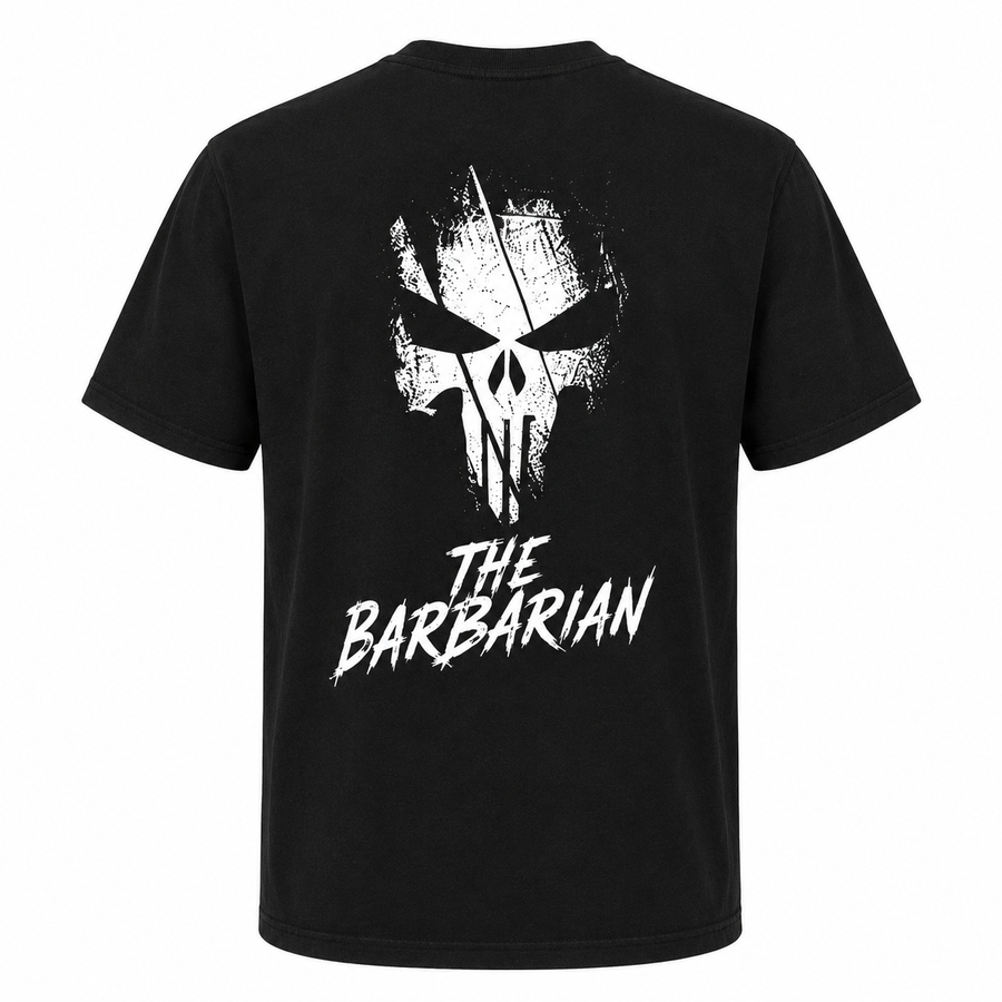 The Barbarian Skull T-Shirt black back view with white skull graphic and The Barbarian text