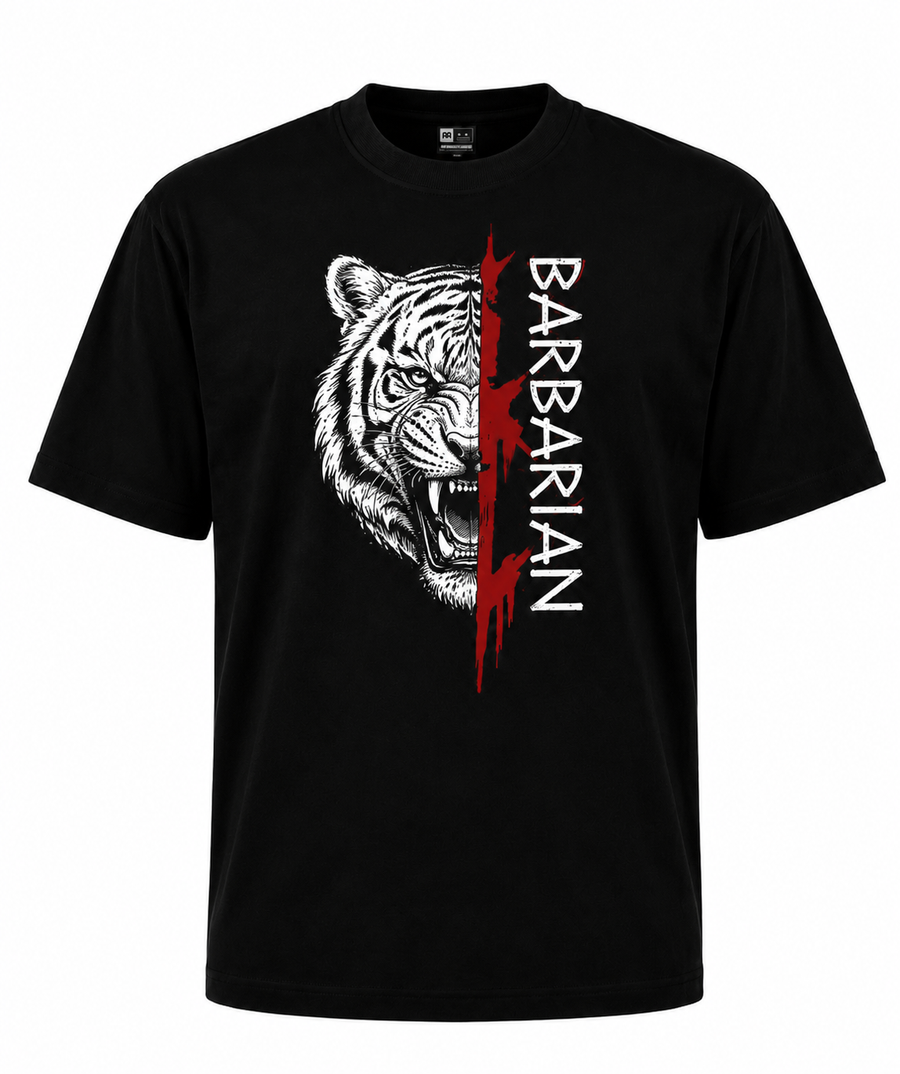 Barbarian Tiger T-Shirt black front view with white tiger graphic and red slash design