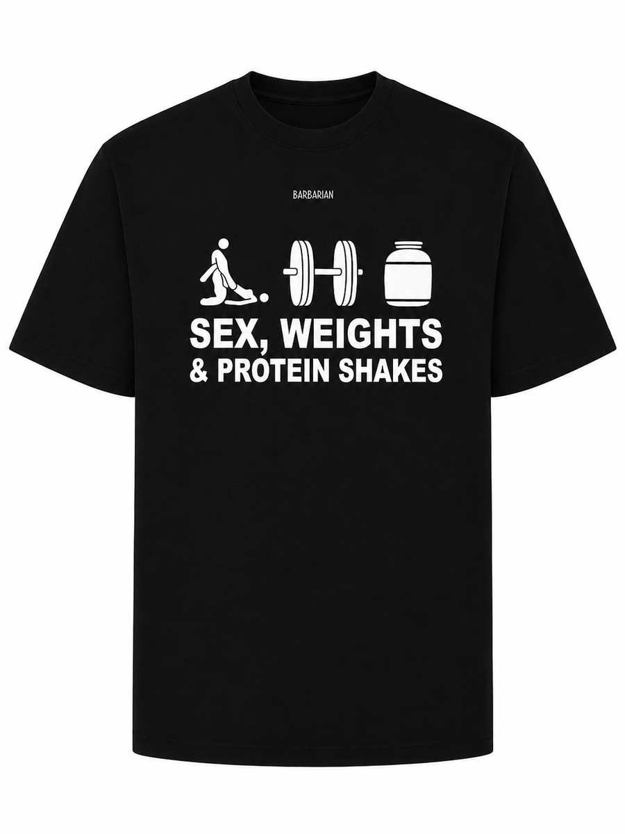 Sex, Weights & Protein Shakes T-Shirt black front view with white gym graphic print