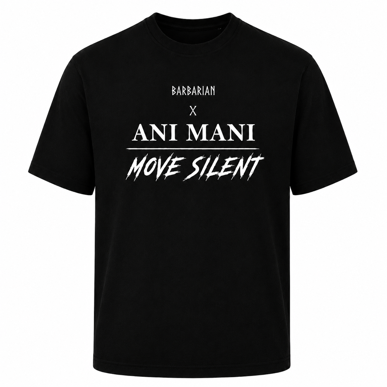 Barbarian x Ani Mani Move Silent T-Shirt black front view with white collaboration graphic print