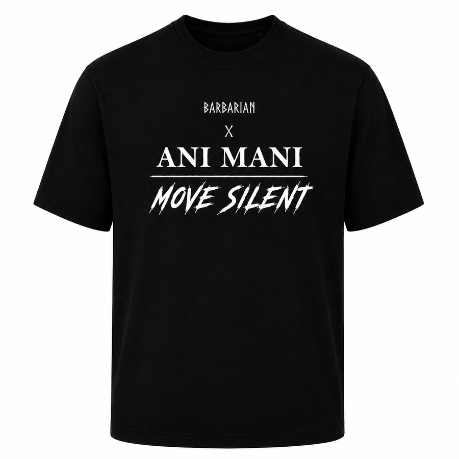 Barbarian x Ani Mani Move Silent T-Shirt black front view with white collaboration graphic print