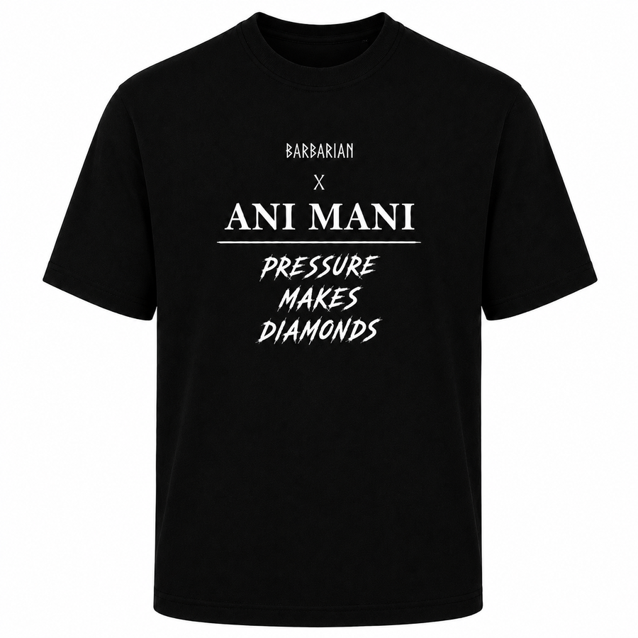 Barbarian x Ani Mani Pressure Makes Diamonds T-Shirt black front view with white collaboration graphic print